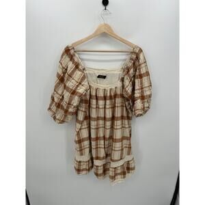 Meritt‎ Mini Dress Women 1XL Brown Cream Plaid Puff Sleeve Cottagecore Milkmaid